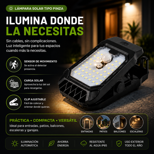 Lámpara Solar tipo pinza con Sensor de Movimiento