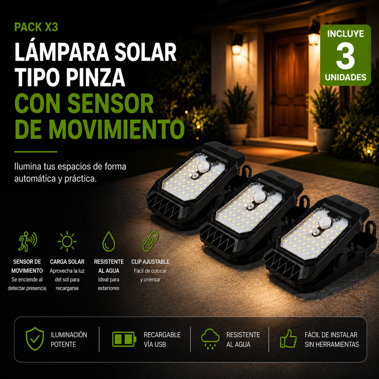 Super pack X3 Lámpara Solar tipo pinza con Sensor de Movimiento