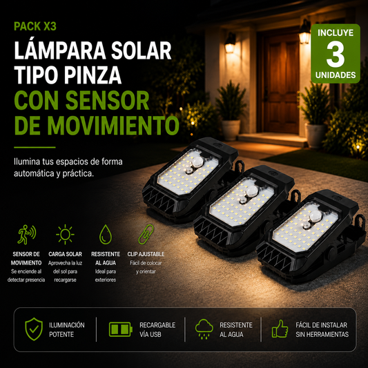 Super pack X3 Lámpara Solar tipo pinza con Sensor de Movimiento